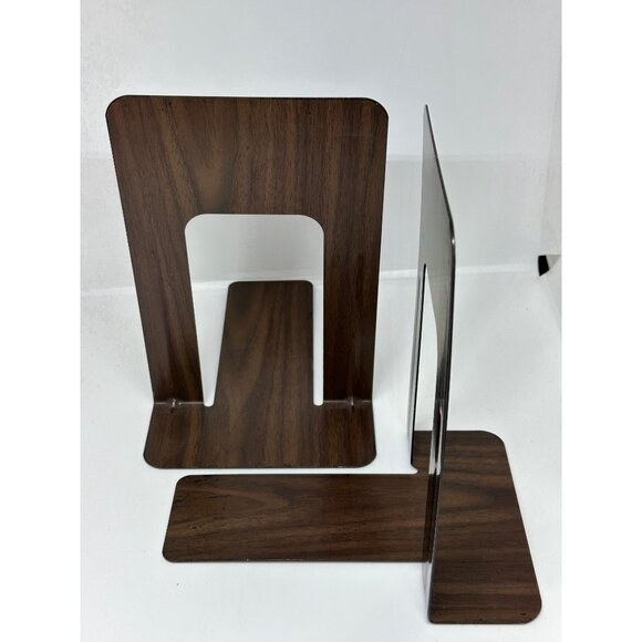 Industrial Black Metal Bookends Set of 2 Faux Wood Grain Heavy Duty 5.5"x9" - Picture 4 of 9